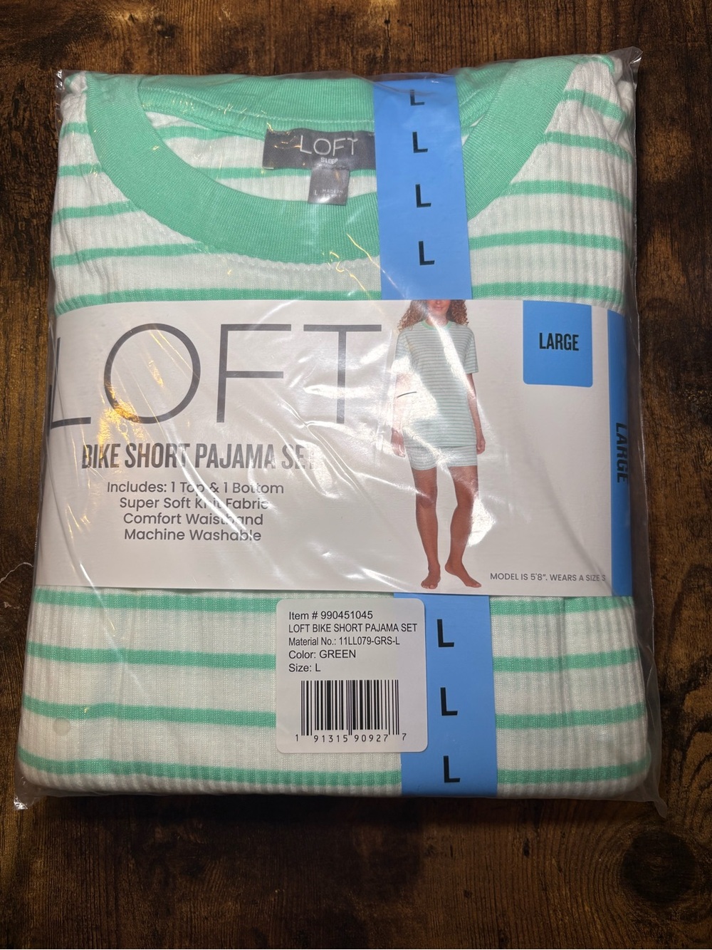 LOFT Green Striped Bike Short Pajama Set - Large